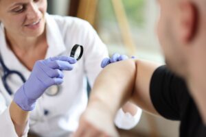 Dermatologist looking at skin growth to see if it's a wart in Leesburg, FL